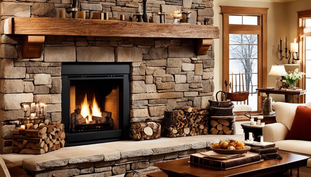 cozy natural stone fireplace hearth
