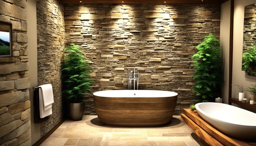 natural stone wall in rustic bathroom