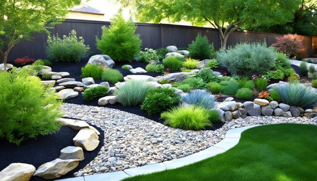 Dry creek bed landscaping with natural stone