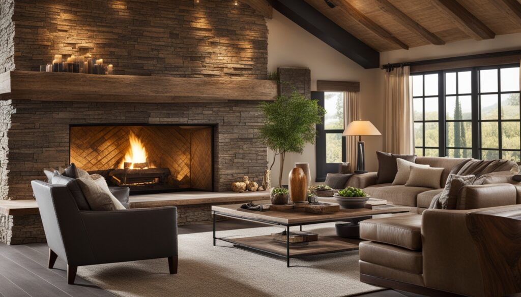 Rustic living room with stone accent wall