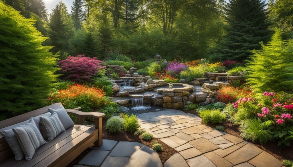 stone patio landscaping with lush greenery and water features