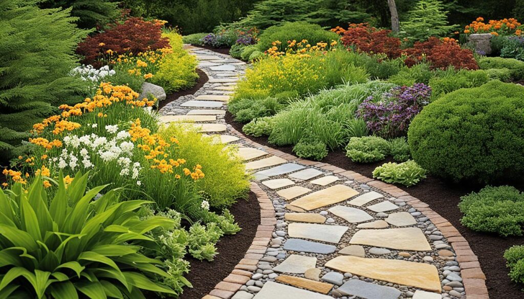 warm-colored limestone pathway in a garden